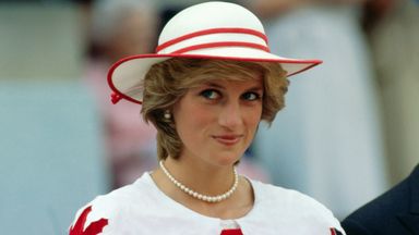 Diana, Princess of Wales, wears an outfit in the colors of Canada during a state visit to Edmonton, Alberta, with her husband Prince Charles in 1983